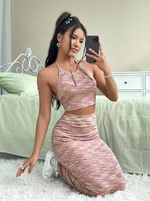 SHEIN EZwear Space Dye Halter Top & Skirt - Multicolor - View 1
