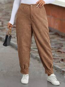 SHEIN LUNE Plus Slant Pocket Corduroy Pants - Coffee Brown - View 1