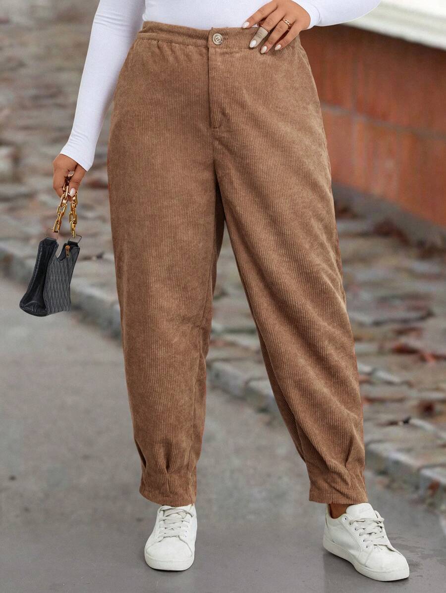 SHEIN LUNE Plus Slant Pocket Corduroy Pants - Coffee Brown - View 1