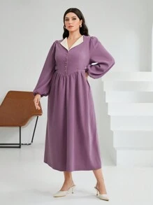 Mulvari 大碼燈籠袖襯衫領子洋裝 - 紫色 - 查看 2