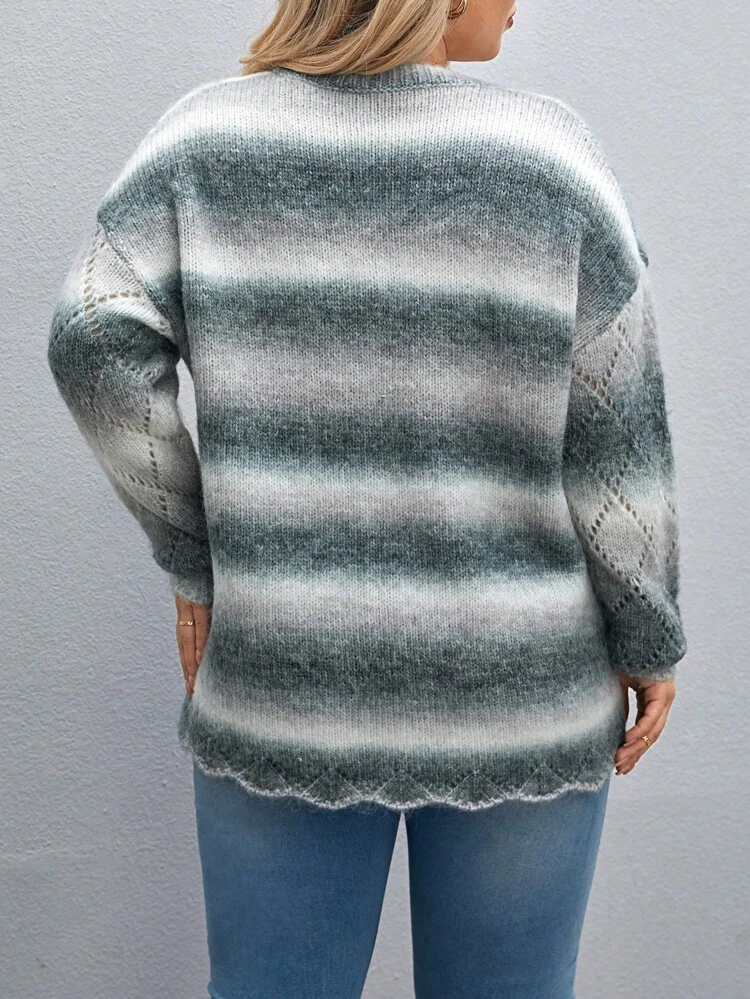 Plus Ombre Pointelle Knit Drop Shoulder Sweater Knit Pullover Fall Winter Sweater