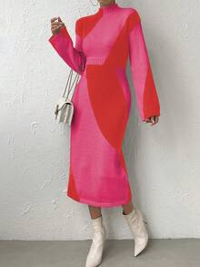 SHEIN Essnce Two Tone Turtleneck Sweater Dress Without Belt - Multicolor - View 4