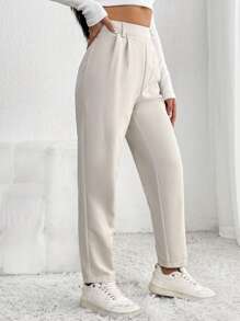 SHEIN PETITE 素色斜口袋長褲 - 杏色 - 查看 5