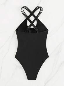SHEIN Swim Black Sheer Mesh One Piece Swimsuit, For Summer Beach Vacation - Black - View 5