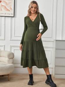 SHEIN Maternity Surplice Neck Ruffle Hem Dress - Army Green - View 5