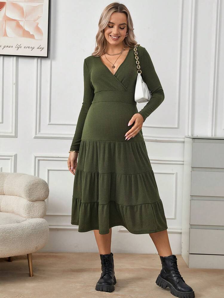 Maternity Surplice Neck Ruffle Hem Dress