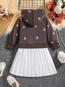 SHEIN Chica Joven Vestido sudadera con capucha con estampado de oso bajo fruncido