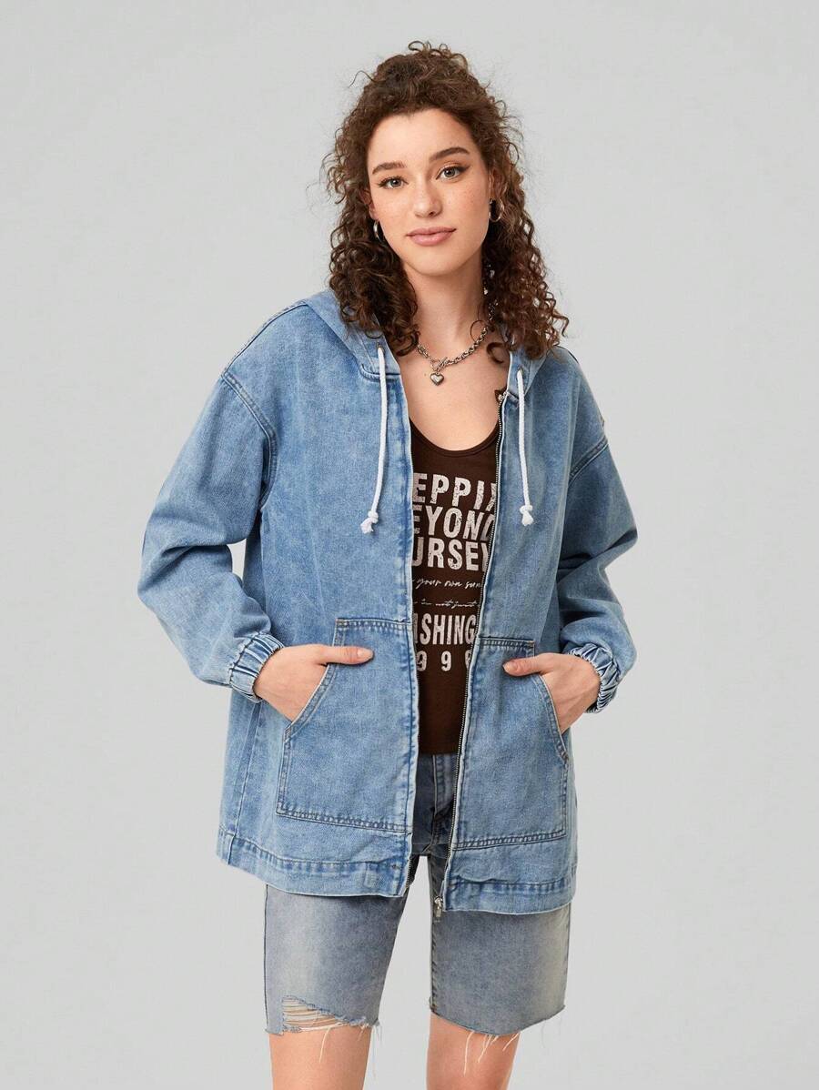 Forever 21 Women's Hooded Denim Jacket With Zipper Closure, Drawstring & Pockets - Blue - View 1