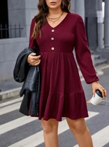 Calvaya Talla grande Vestido tejido de canalé de manga farol bajo con fruncido - Caqui - Ver 4