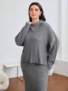 Mulvari Plus Cable Knit Drop Shoulder Sweater & Knit Skirt - Grey - View 6