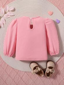 SHEIN Baby Girl Contrast Lace Puff Sleeve Keyhole Back Ruffle Trim 2 In 1 Tee - Pink - View 2