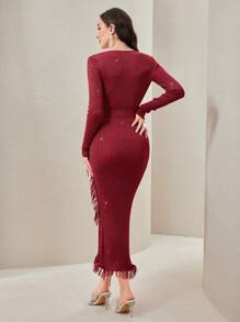 Modelyn Fringe Trim Belted Bodycon Sweater Dress - Red - View 2