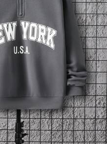 SHEIN Leap Crew Cậu bé Tween Đồ họa Chữ cái Một nửa khóa kéo Thả vai Áo nỉ - Màu xám đen - Xem 3