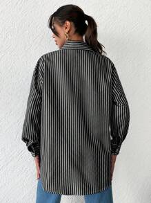 RueChic Striped Print Drop Shoulder Curved Hem Shirt - Black - View 5