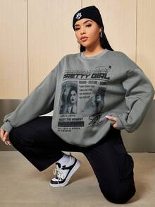 SHEIN EZwear Plus Slogan & Figure Graphic Drop Shoulder Sweatshirt - Light Grey - View 2