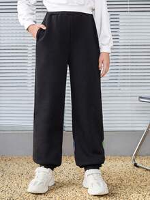 SHEIN 少女反光卡通圖形口袋運動褲 - 黑色 - 查看 2