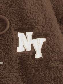 Manfinity RebelGame Men Letter Patched Kangaroo Pocket Drawstring Fuzzy Hoodie - Brown - View 4