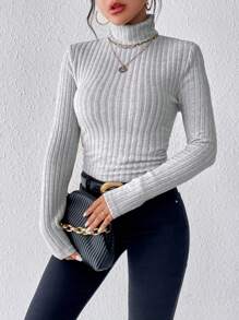 SHEIN Frenchy 高领罗纹针织 T 恤 - 灰色 - 查看 3