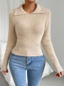 SHEIN Unity Solid Fuzzy Knit Pullover Fall Winter Sweater - Khaki - View 6