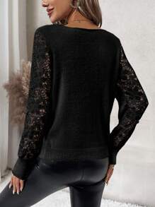 SHEIN Clasi Contrast Lace Lantern Sleeve Sweater,Long Sleeve Tops In Fall/Winter - Black - View 2