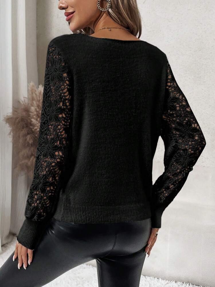 Contrast Lace Lantern Sleeve Sweater,Long Sleeve Tops In Fall/Winter