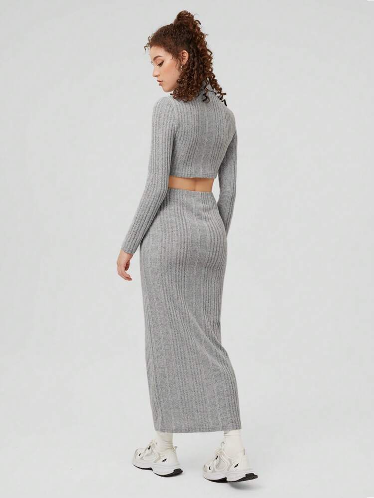 Women's High-neck Solid Color Ribbed Slim Fit T-shirt And Skirt Two Piece Set