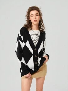 Forever 21 Women's Geometric Pattern Button Down Cardigan With Long Sleeves