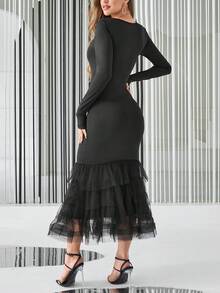 SHEIN Privé Vestido ajustado de malla en contraste bajo sirena - Negro - Ver 2