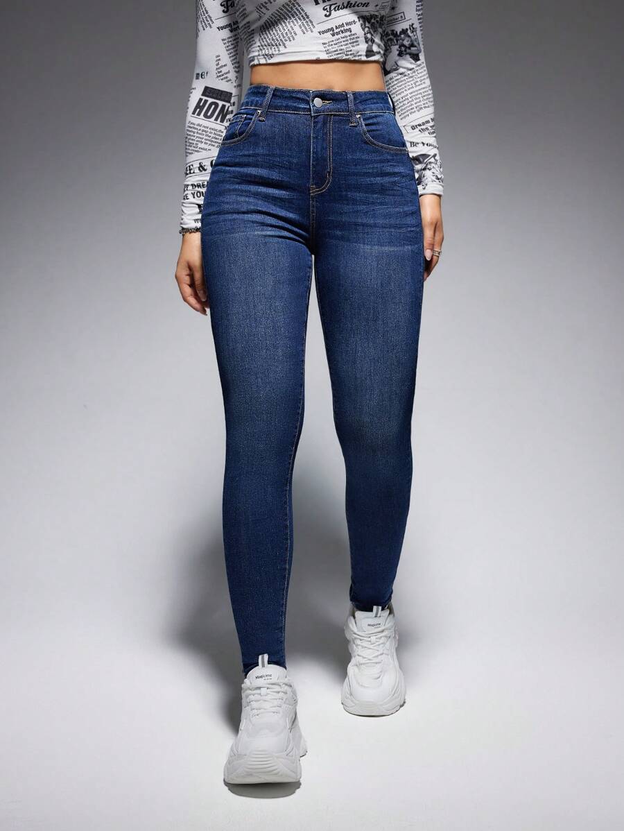 SHEIN EZwear High Waist Skinny Jeans - Blue - View 1