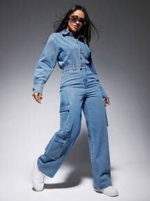 SHEIN EZwear 翻蓋口袋牛仔連身褲 - 中等水洗藍 - 查看 5