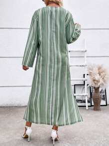 Breezaya Striped Print Split Thigh Dress Fall Cloth For Women - Mint Green - View 2