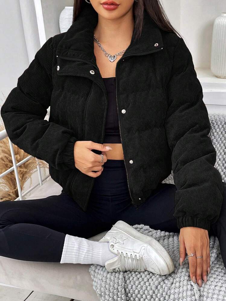 SHEIN EZwear Zip Up Snap Button Corduroy Padded Coat In Fall