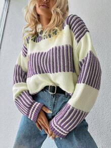 EURMUSE Striped Pattern Drop Shoulder Sweater - Purple - View 3