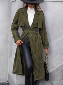 SHEIN LUNE 條紋印花西裝領腰帶風衣外套 - 軍綠色 - 查看 6