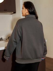 SHEIN EZwear Plus Letter Graphic Drop Shoulder Quarter Zip Sweatshirt - Dark Grey - View 2