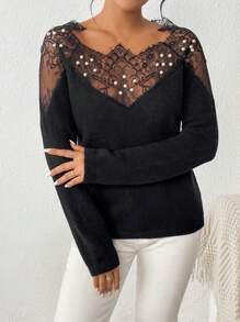 Calvaya Contrast Lace Raglan Sleeve Sweater