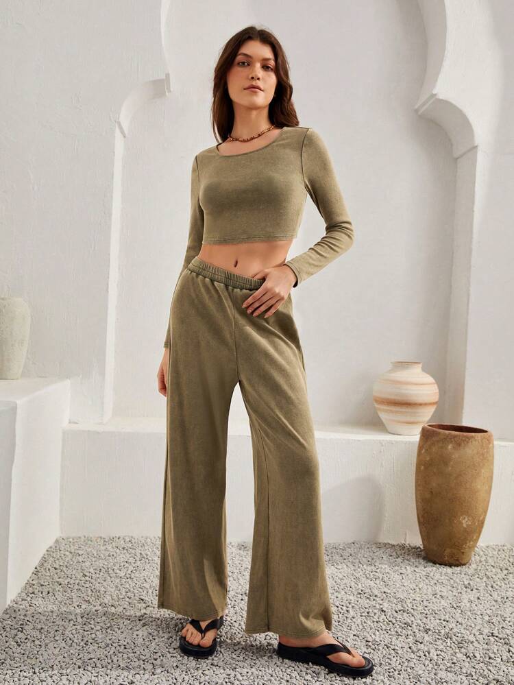 Solid Crop Tee & Wide Leg Pants