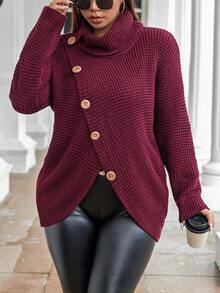 Flirla 大碼高領前紐扣落肩袖套頭毛衣 - 酒紅色 - 查看 7