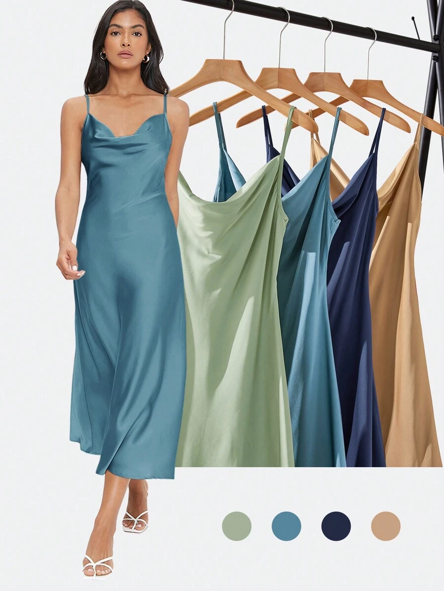 BizChic Women's Elegant Satin Slip Dress With Draped Neckline, Long Length, Suitable For Weddings, Business Casual, Concerts, And Wedding Guest Attire - Teal Blue - View 1