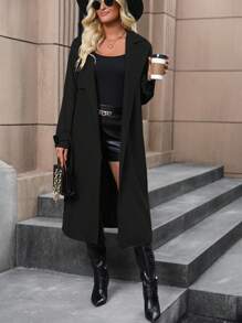 SHEIN Clasi Cổ áo Thắt lưng Áo khoác Trench - màu đen - Xem 6