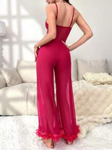 Contrast Lace Appliques Detail Mesh Cami Jumpsuit - Hot Pink - View 2