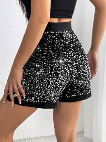 Allurite 高腰亮片短褲 - 黑色 - 查看 2