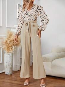 SHEIN Clasi 女款燈籠袖束腰帶喇叭連身褲 - 卡其色 - 查看 4