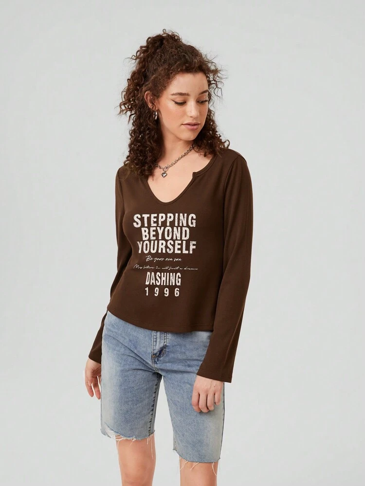 Women's Slogan Printed Notch Neck T-shirt