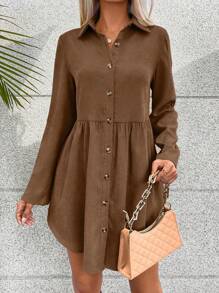 SHEIN LUNE Roll Tab Sleeve Button Front Shirt Dress - Brown - View 5