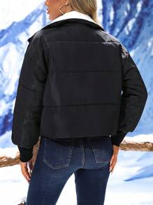 SHEIN Unity Zip Up Contrast Collar Drop Shoulder Padded Padded Coat Clothes Winter - Black - View 2