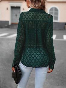 SHEIN Privé Chất rắn Nút phía trước Lưới Áo sơ mi - Màu xanh lá cây đậm - Xem 2