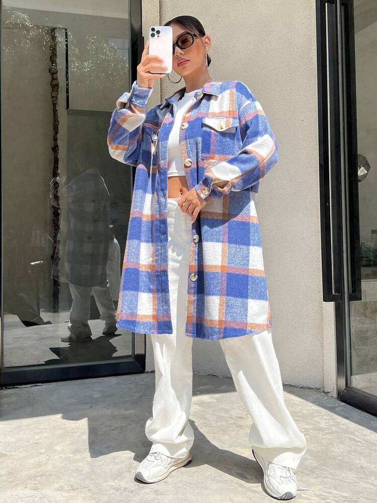 Plaid Print Drop Shoulder Flap Pocket Overcoat Fall Cloth For Women