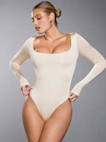 SHEIN BAE Solid Square Neck Slim Fit Bodysuit - Apricot - View 7