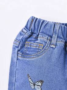 女嬰蝴蝶刺繡牛仔喇叭褲 - 中等水洗藍 - 查看 3